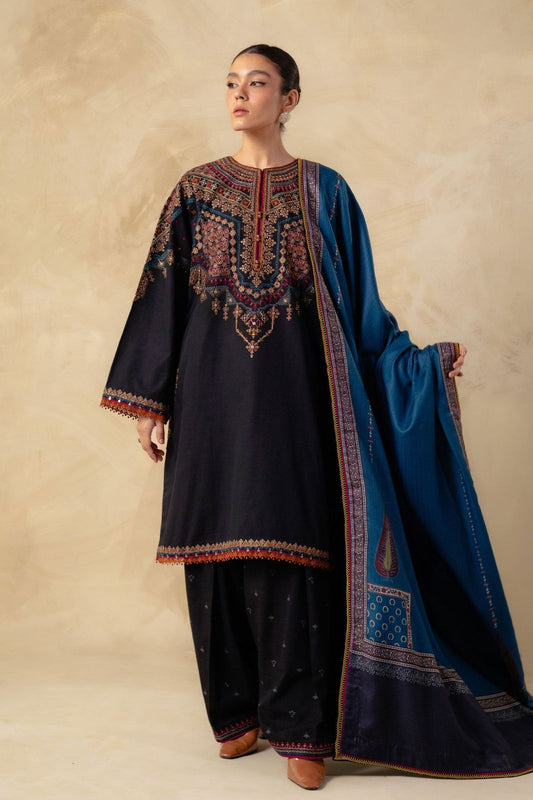 ZARA SHAH JAHAN - 3PC Dhanak EMBROIDERED SHIRT WITH TWILL PRINTED DUAPTTA AND TROUSER - HZG1473