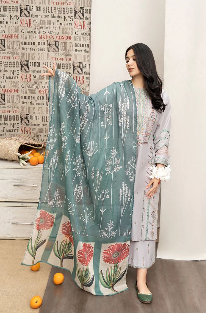 3PC LAWN EMBROIDERED SHIRT WITH DIAMOND PRINTED DUPATTA AND TROUSER