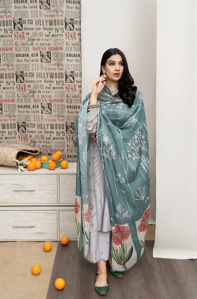 3PC LAWN EMBROIDERED SHIRT WITH DIAMOND PRINTED DUPATTA AND TROUSER