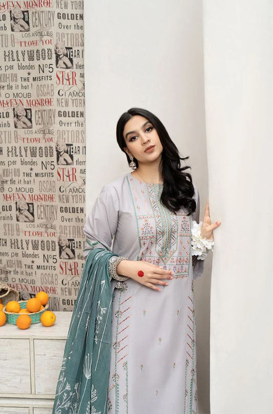 3PC LAWN EMBROIDERED SHIRT WITH DIAMOND PRINTED DUPATTA AND TROUSER